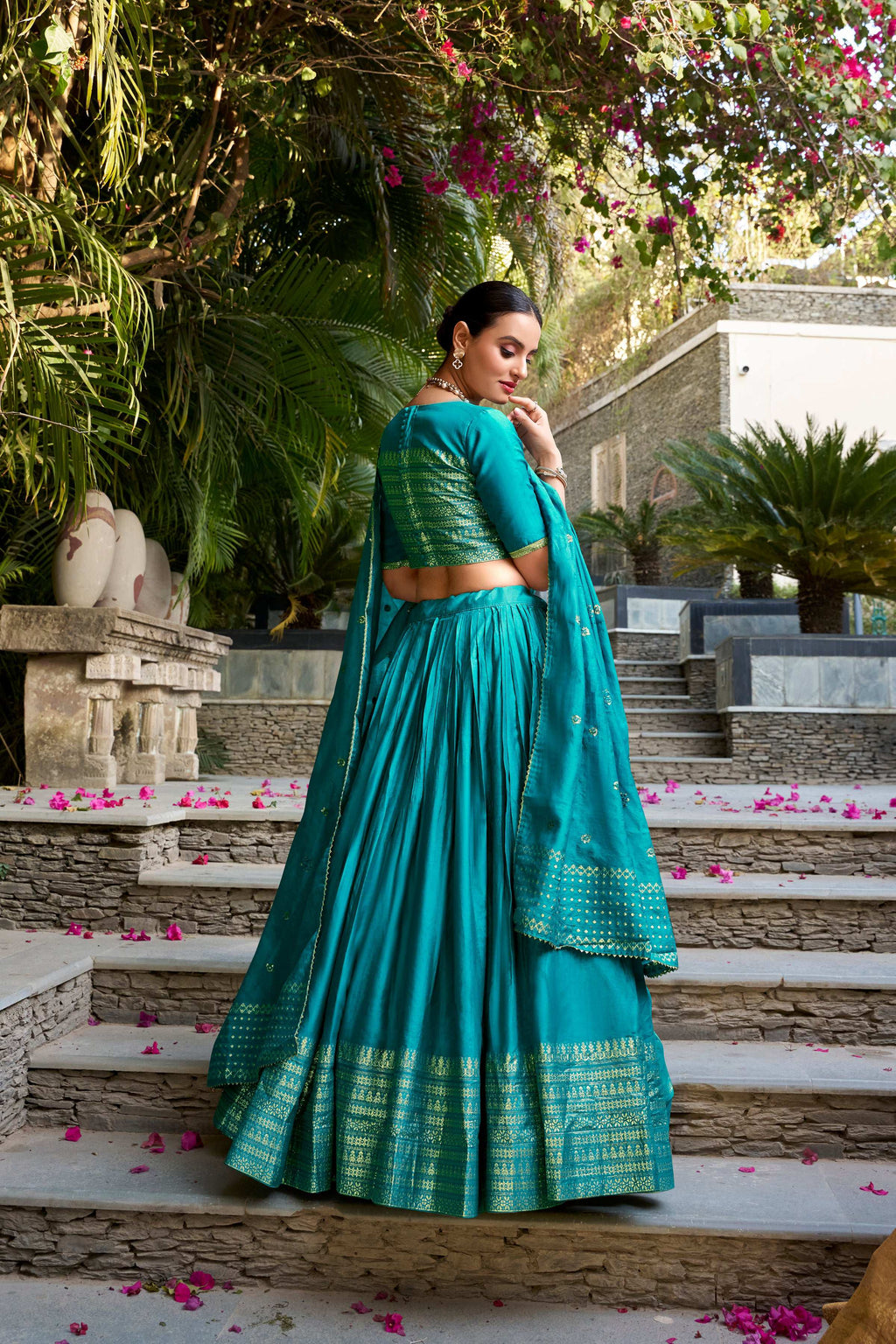 Evanik Women Pure Chanderi Plain With Zari Weaving Work Border Stitched Lehenga With Unstitched Blouse Dupatta | Grocsy
