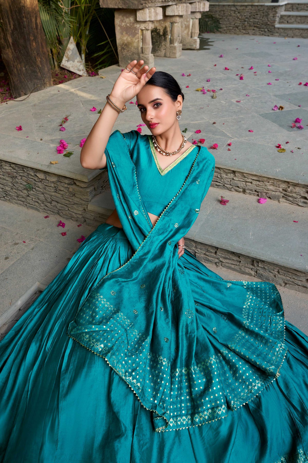 Evanik Women Pure Chanderi Plain With Zari Weaving Work Border Stitched Lehenga With Unstitched Blouse Dupatta | Grocsy