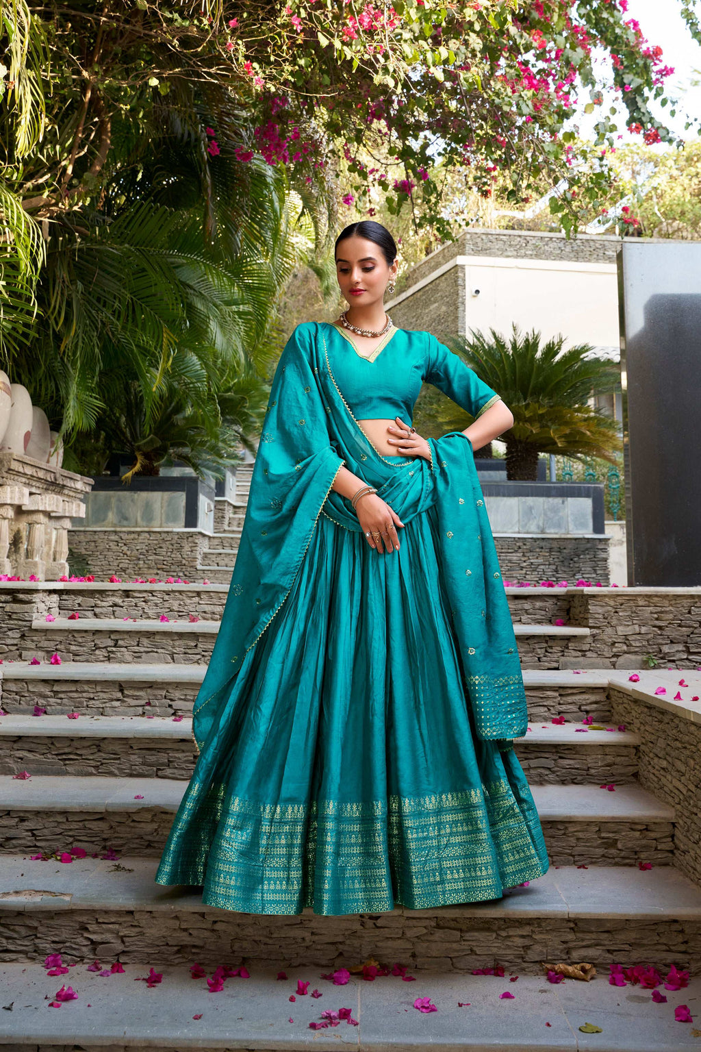 Evanik Women Pure Chanderi Plain With Zari Weaving Work Border Stitched Lehenga With Unstitched Blouse Dupatta | Grocsy