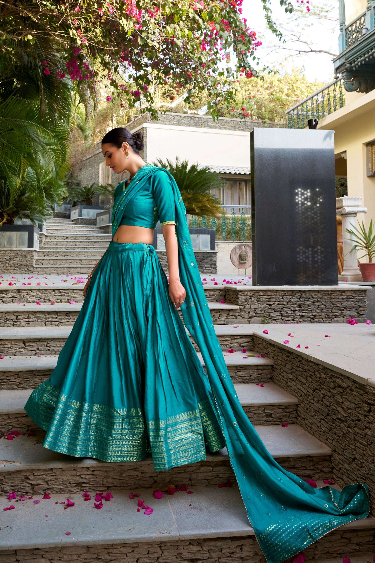 Evanik Women Pure Chanderi Plain With Zari Weaving Work Border Stitched Lehenga With Unstitched Blouse Dupatta | Grocsy