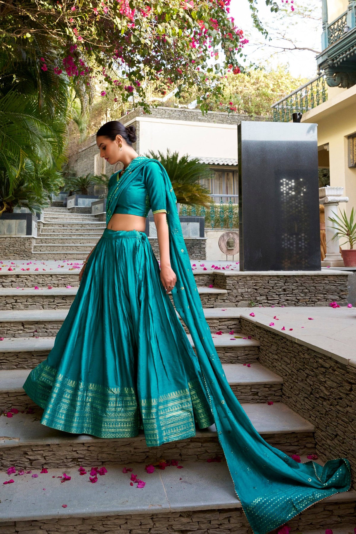 Lorenvalley Fashion Skyblue Pure Chanderi Plain With Zari Weaving Work Border Lehenga Choli with Dupatta | Grocsy