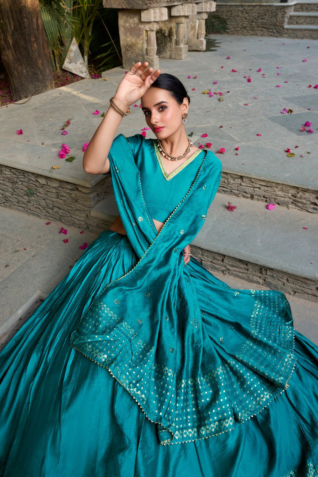 Lorenvalley Fashion Skyblue Pure Chanderi Plain With Zari Weaving Work Border Lehenga Choli with Dupatta | Grocsy
