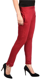 PAVONINE Maroon Color Stretchable Cotton Lycra Fabric Pencil Pant For Women | Grocsy