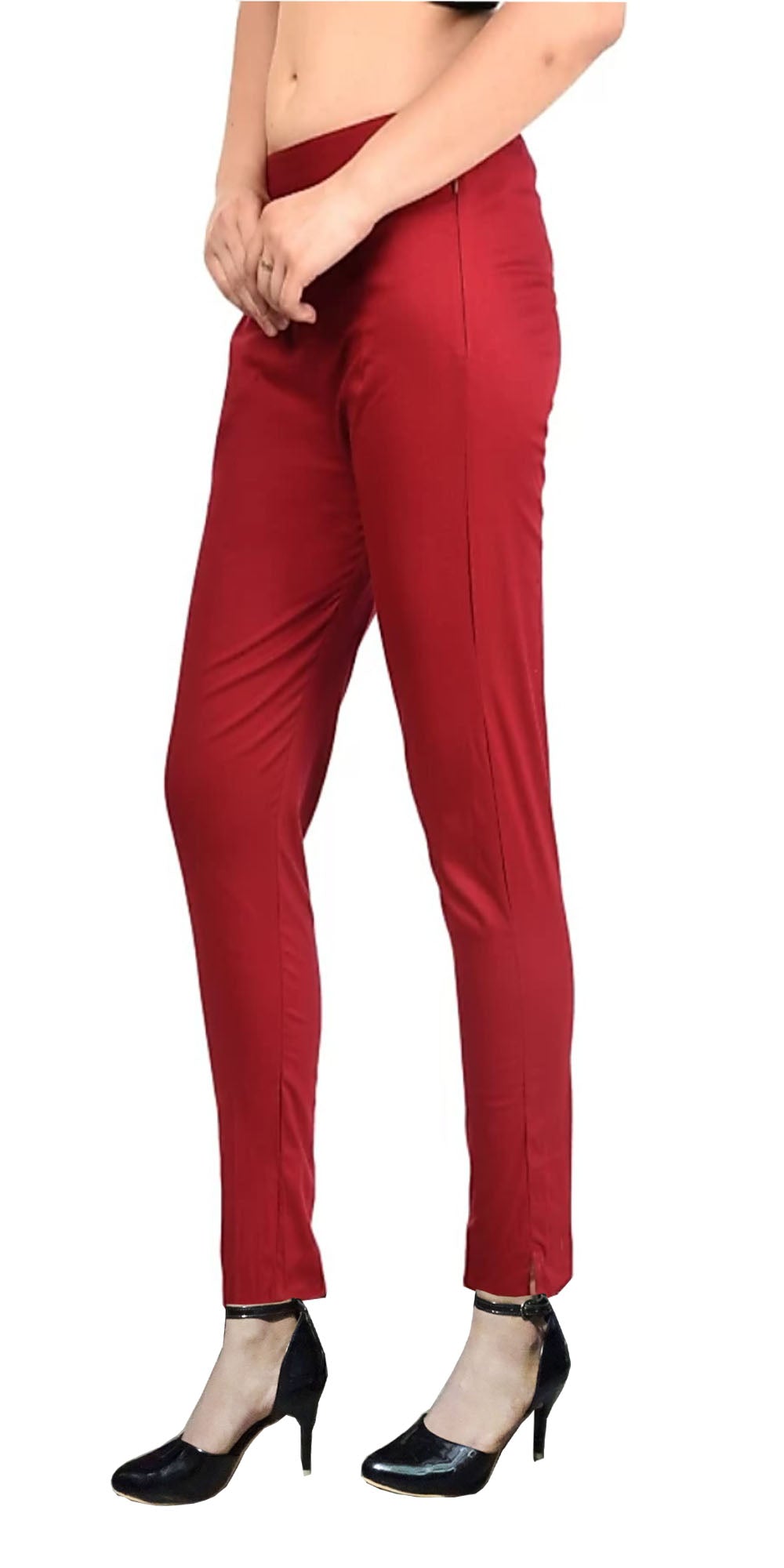 PAVONINE Maroon Color Stretchable Cotton Lycra Fabric Pencil Pant For Women | Grocsy