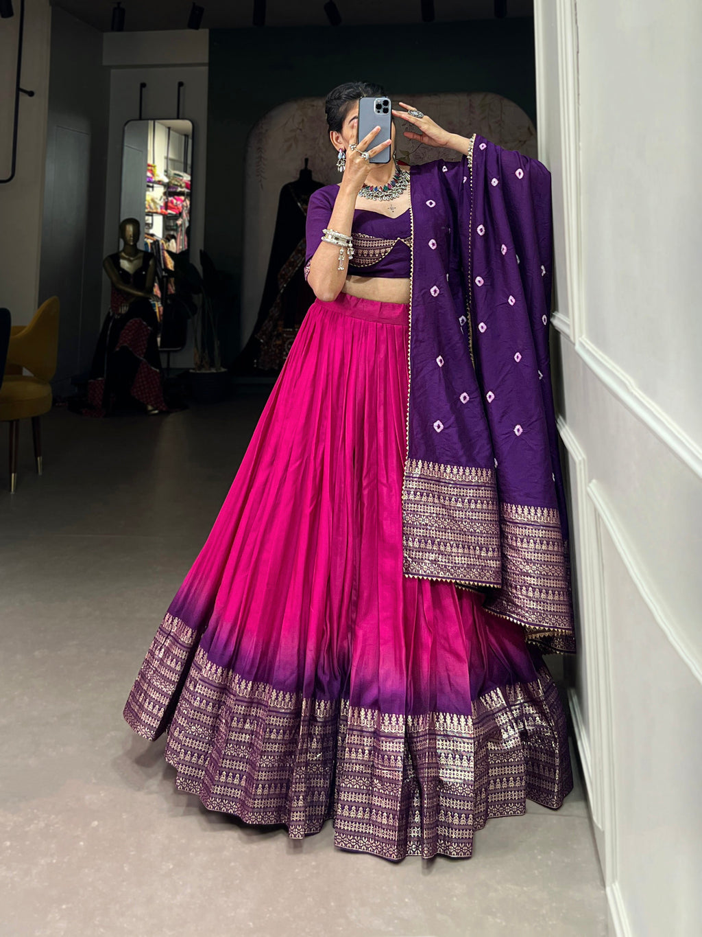 Lorenvalley Pink Chanderi Color Padding With Zari Weaving Work Border Lehenga Choli with Dupatta | Grocsy