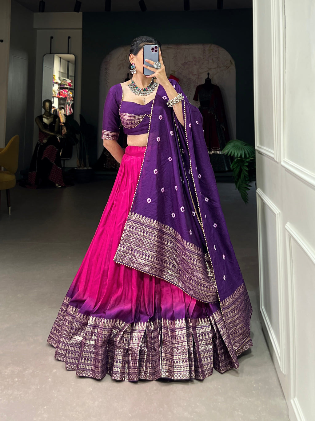 Lorenvalley Pink Chanderi Color Padding With Zari Weaving Work Border Lehenga Choli with Dupatta | Grocsy