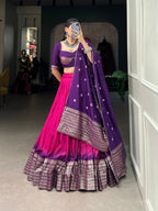 Lorenvalley Pink Chanderi Color Padding With Zari Weaving Work Border Lehenga Choli with Dupatta | Grocsy