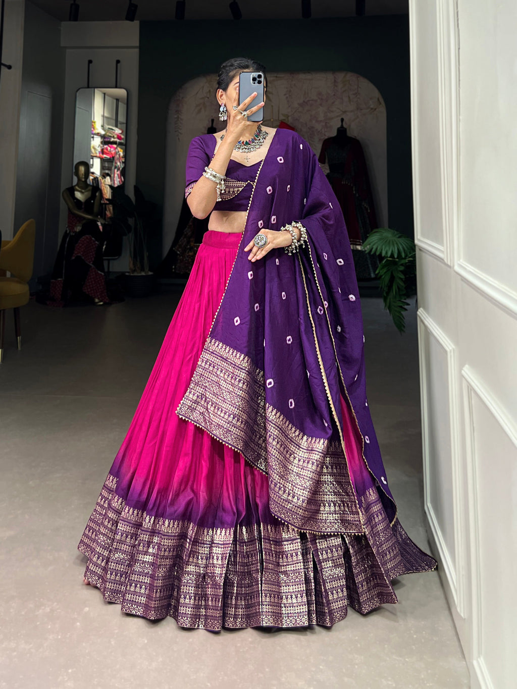 Lorenvalley Pink Chanderi Color Padding With Zari Weaving Work Border Lehenga Choli with Dupatta | Grocsy