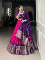 Lorenvalley Pink Chanderi Color Padding With Zari Weaving Work Border Lehenga Choli with Dupatta | Grocsy
