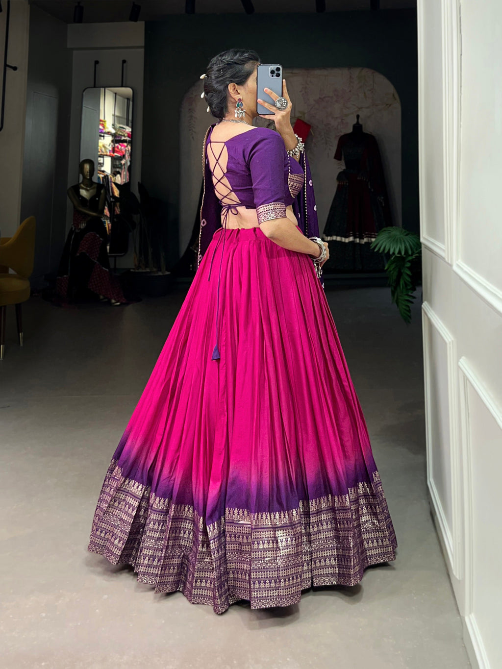 Lorenvalley Pink Chanderi Color Padding With Zari Weaving Work Border Lehenga Choli with Dupatta | Grocsy