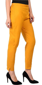 PAVONINE Mustard Color Stretchable Cotton Lycra Fabric Pencil Pant For Women | Grocsy