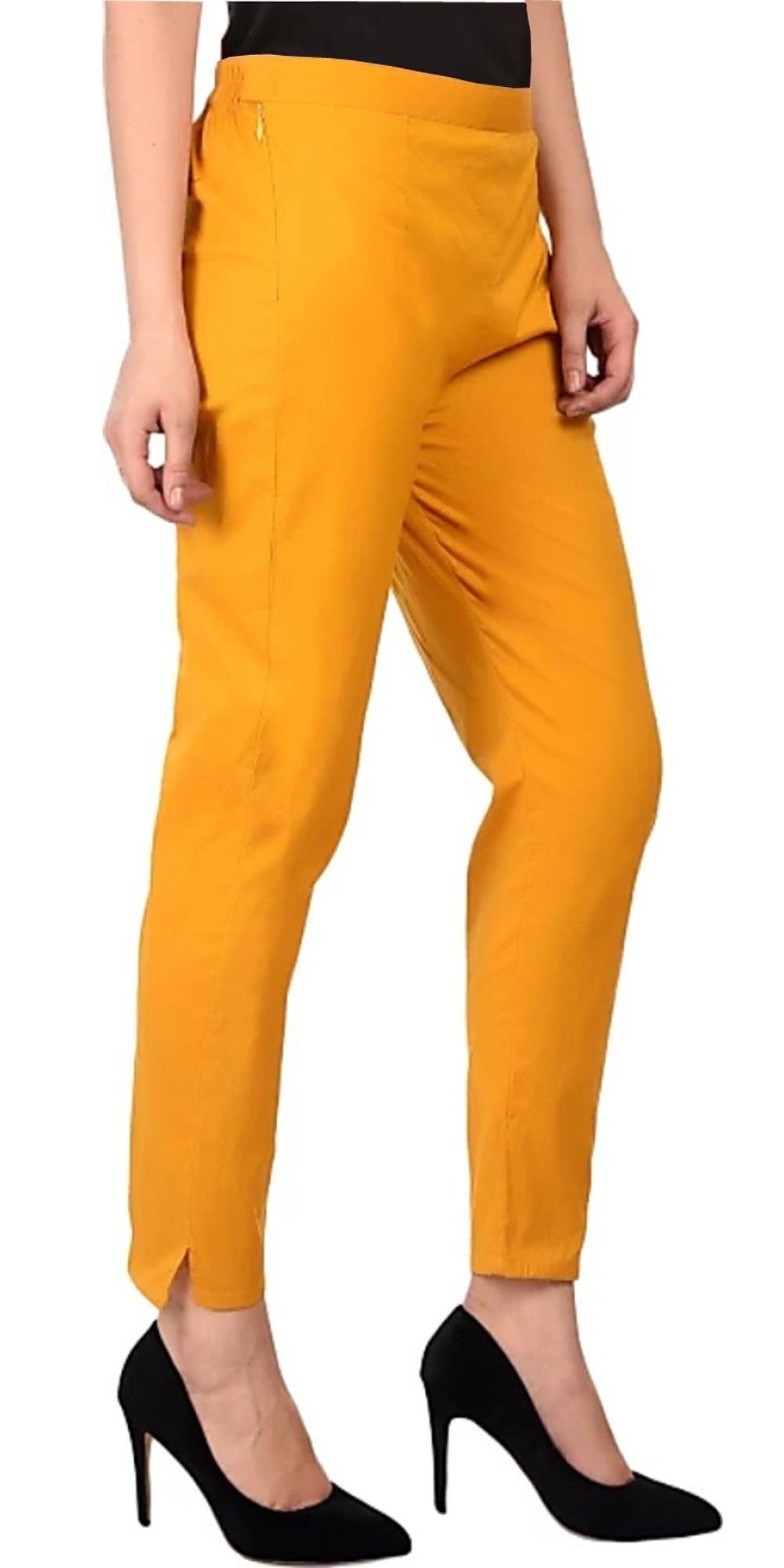PAVONINE Mustard Color Stretchable Cotton Lycra Fabric Pencil Pant For Women | Grocsy