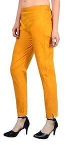 PAVONINE Mustard Color Stretchable Cotton Lycra Fabric Pencil Pant For Women | Grocsy