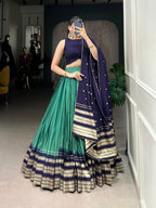 Lorenvalley Firozi Pure Chanderi Plain With Zari Weaving Work Border Lehenga Choli | Grocsy