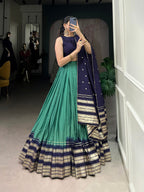 Lorenvalley Firozi Pure Chanderi Plain With Zari Weaving Work Border Lehenga Choli | Grocsy