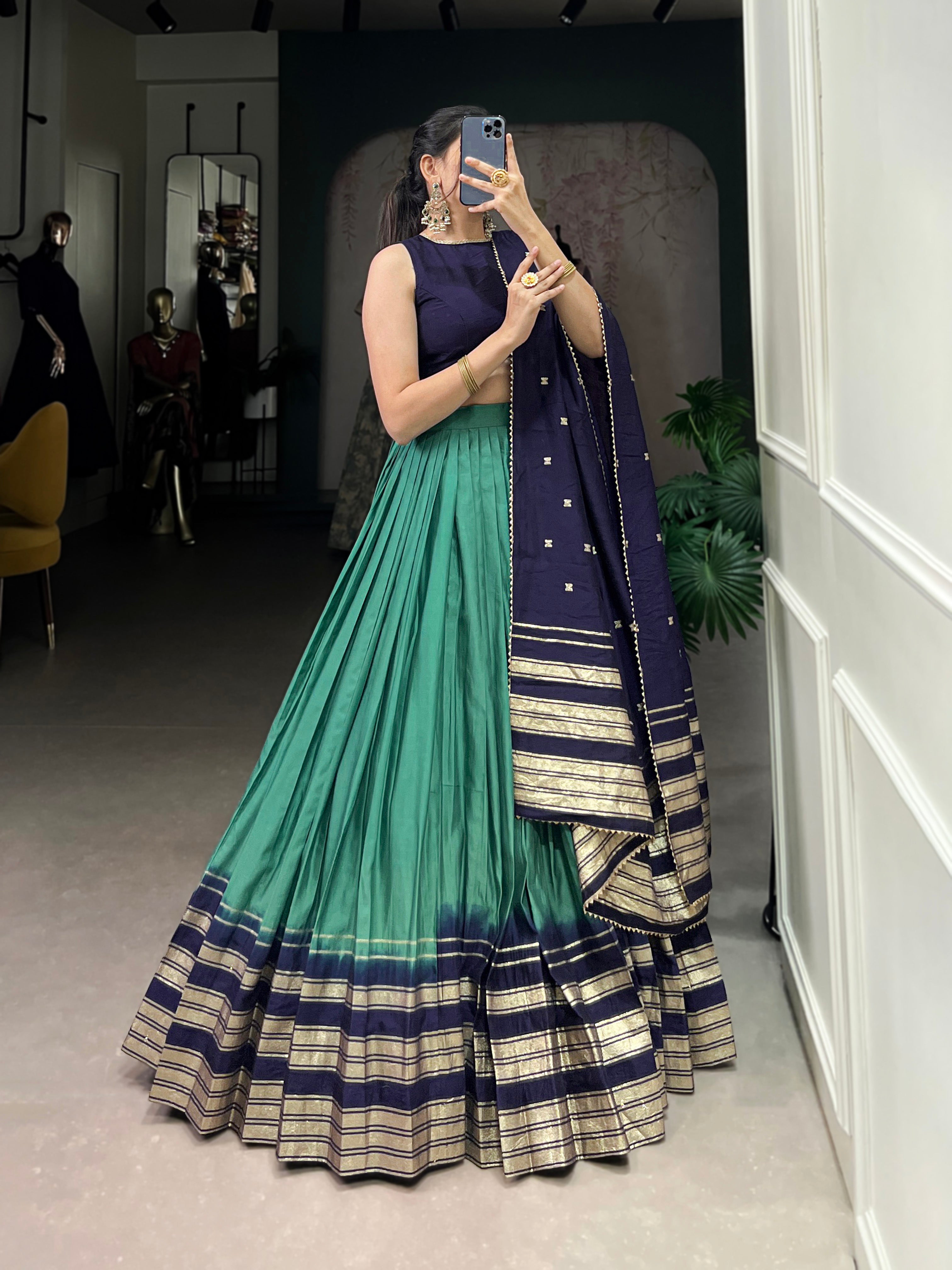 Lorenvalley Firozi Pure Chanderi Plain With Zari Weaving Work Border Lehenga Choli | Grocsy