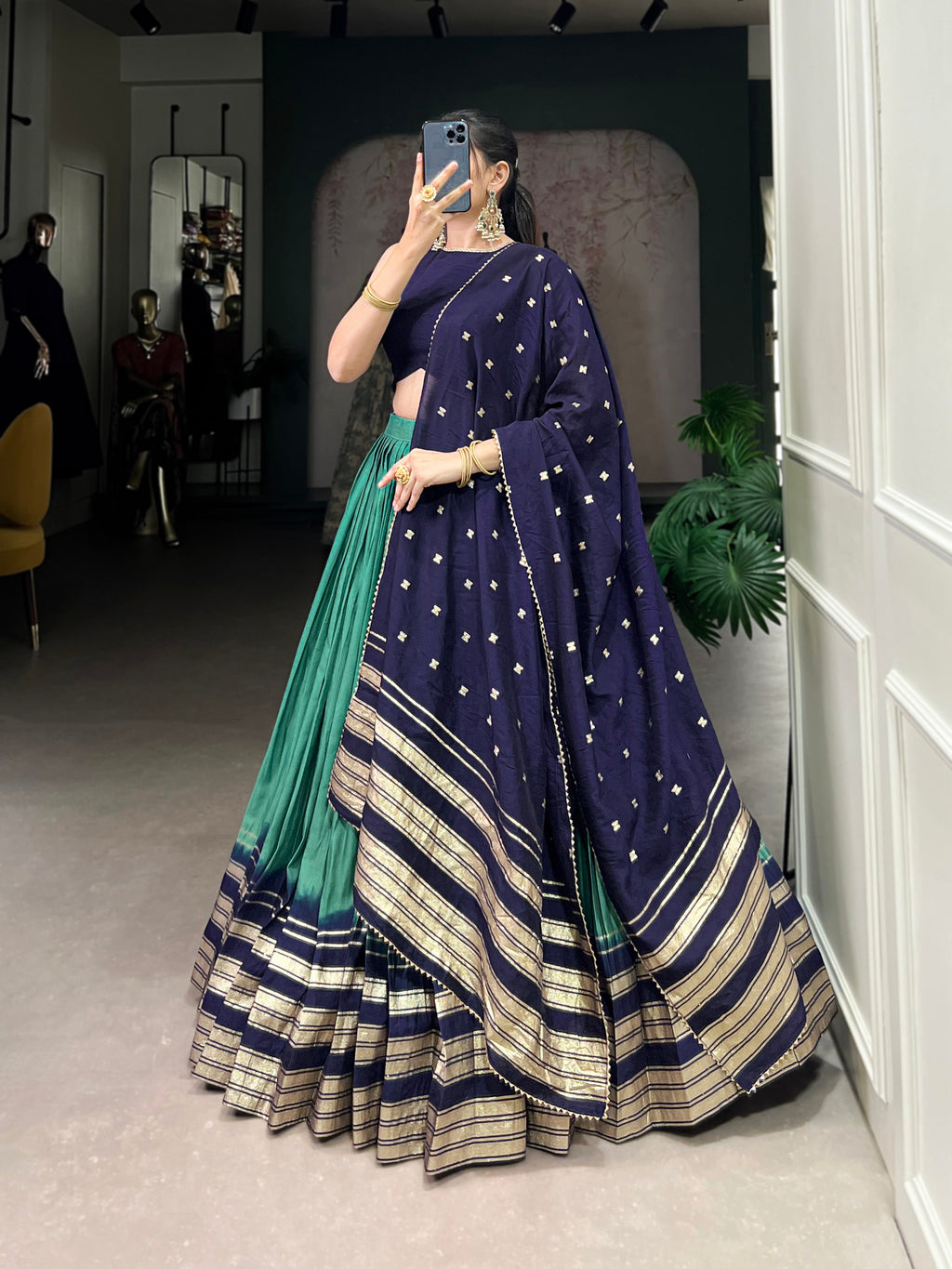 Lorenvalley Firozi Pure Chanderi Plain With Zari Weaving Work Border Lehenga Choli | Grocsy