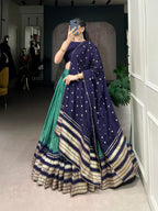 Lorenvalley Firozi Pure Chanderi Plain With Zari Weaving Work Border Lehenga Choli | Grocsy