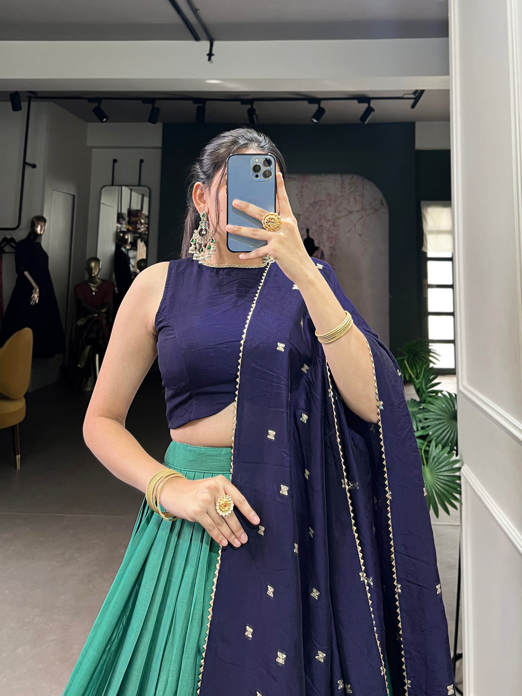 Lorenvalley Firozi Pure Chanderi Plain With Zari Weaving Work Border Lehenga Choli | Grocsy