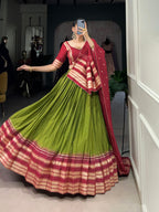 Lorenvalley Mehendi Pure Chanderi Plain With Zari Weaving Work Border Lehenga Choli | Grocsy