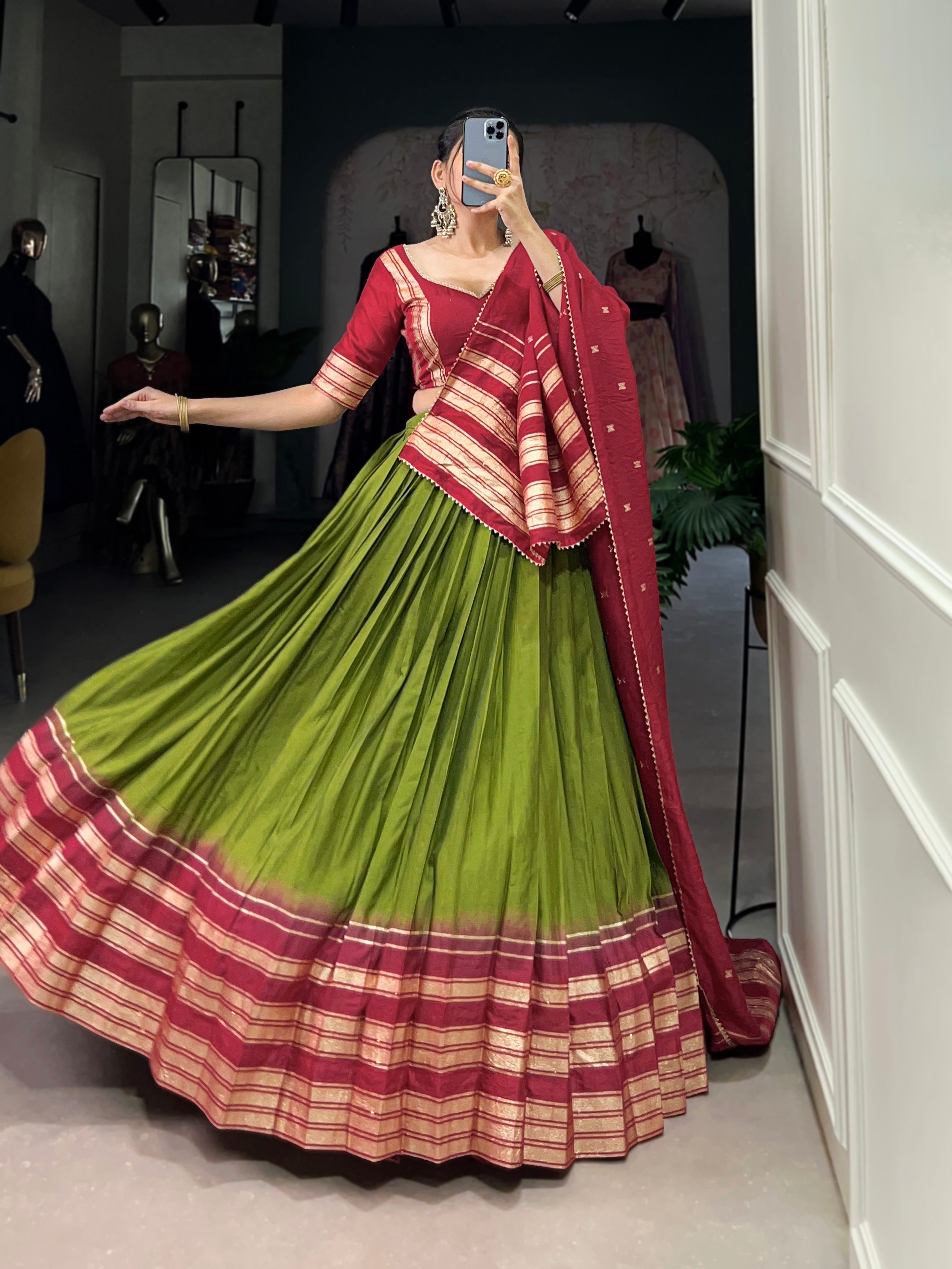 Lorenvalley Mehendi Pure Chanderi Plain With Zari Weaving Work Border Lehenga Choli | Grocsy