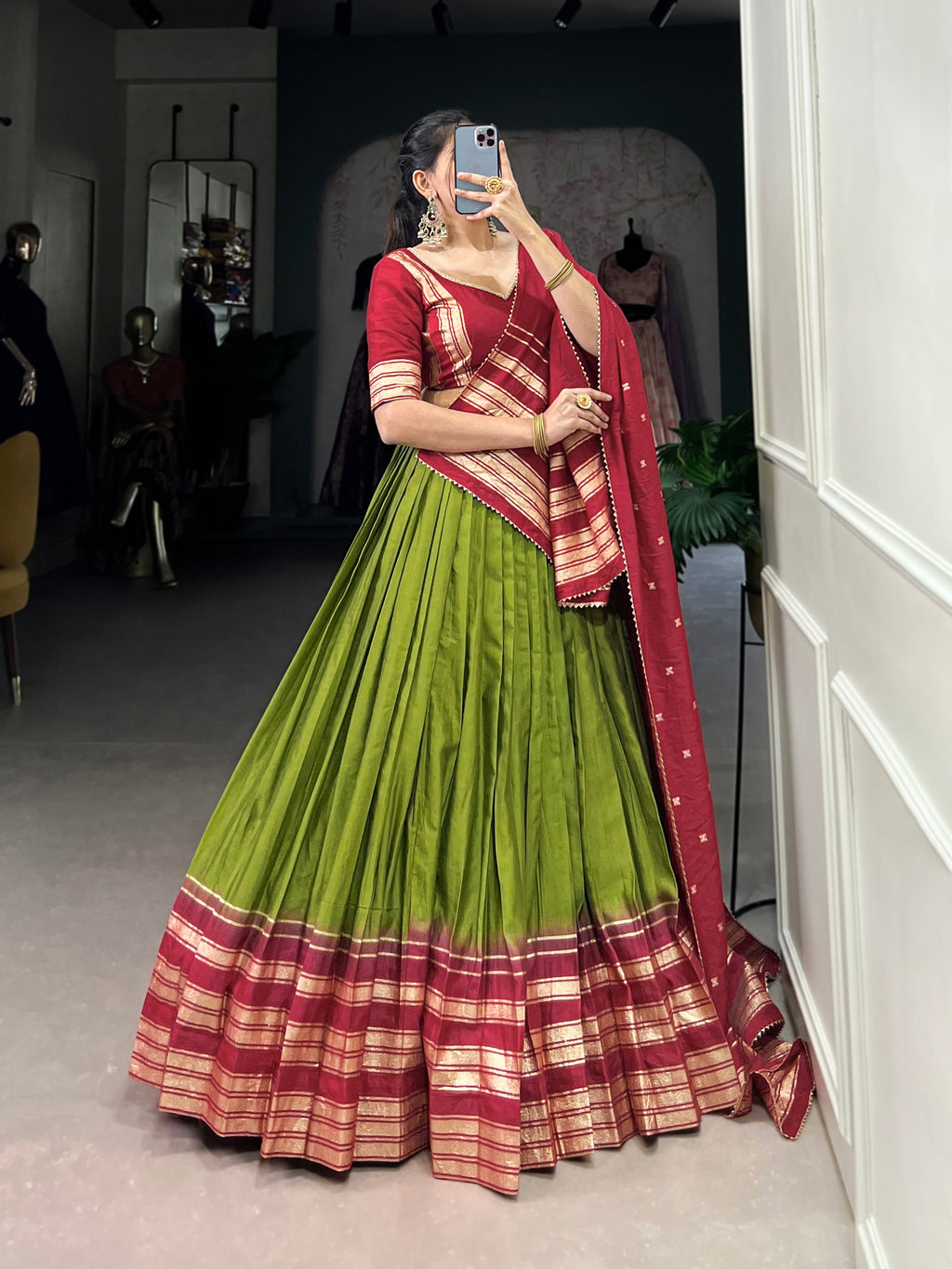 Lorenvalley Mehendi Pure Chanderi Plain With Zari Weaving Work Border Lehenga Choli | Grocsy