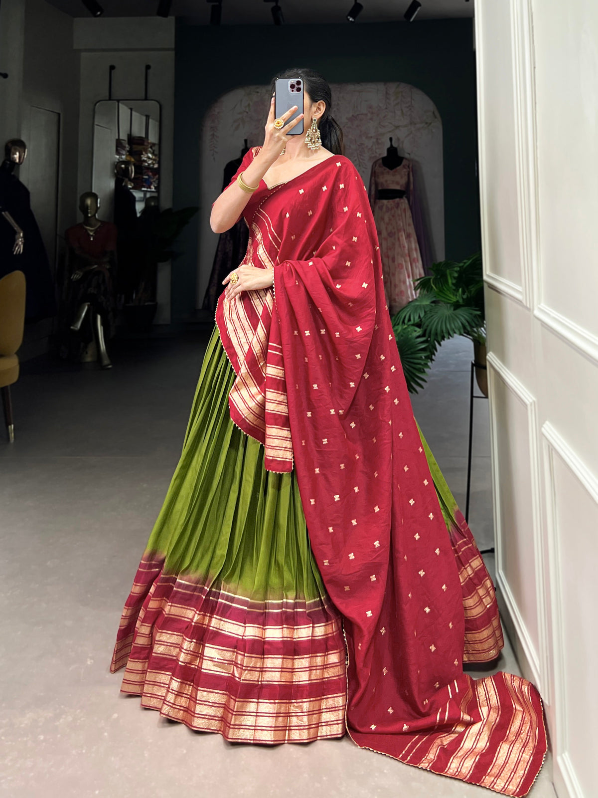Lorenvalley Mehendi Pure Chanderi Plain With Zari Weaving Work Border Lehenga Choli | Grocsy