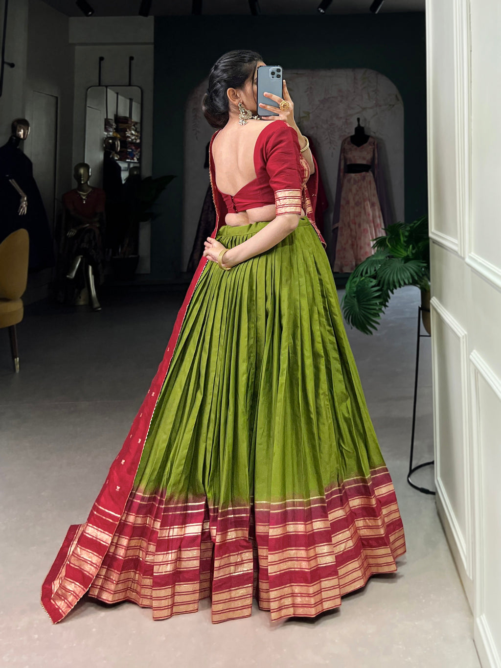 Lorenvalley Mehendi Pure Chanderi Plain With Zari Weaving Work Border Lehenga Choli | Grocsy