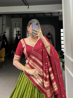 Lorenvalley Mehendi Pure Chanderi Plain With Zari Weaving Work Border Lehenga Choli | Grocsy