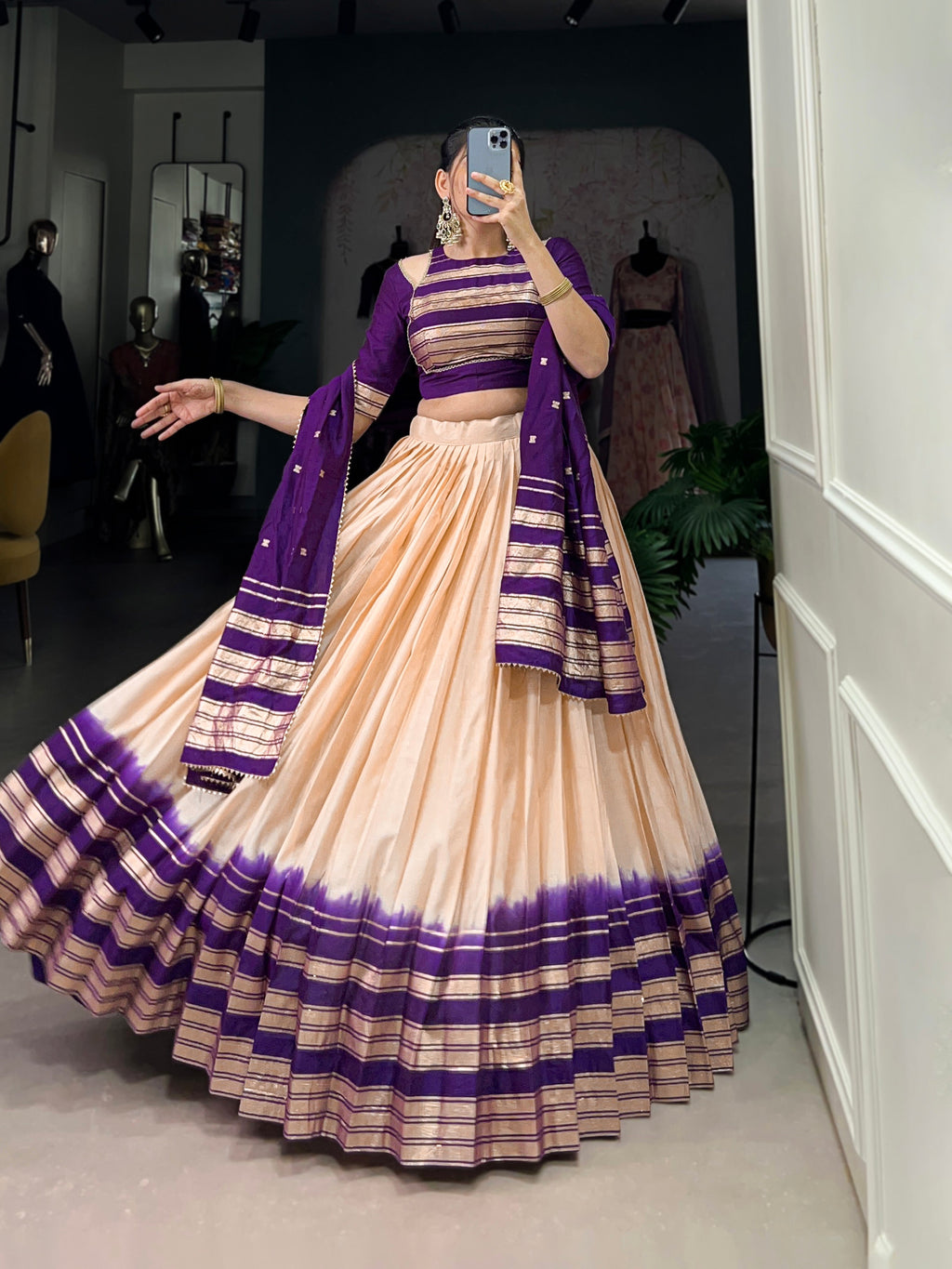 Lorenvalley Off White Pure Chanderi Plain With Zari Weaving Work Border Lehenga Choli | Grocsy