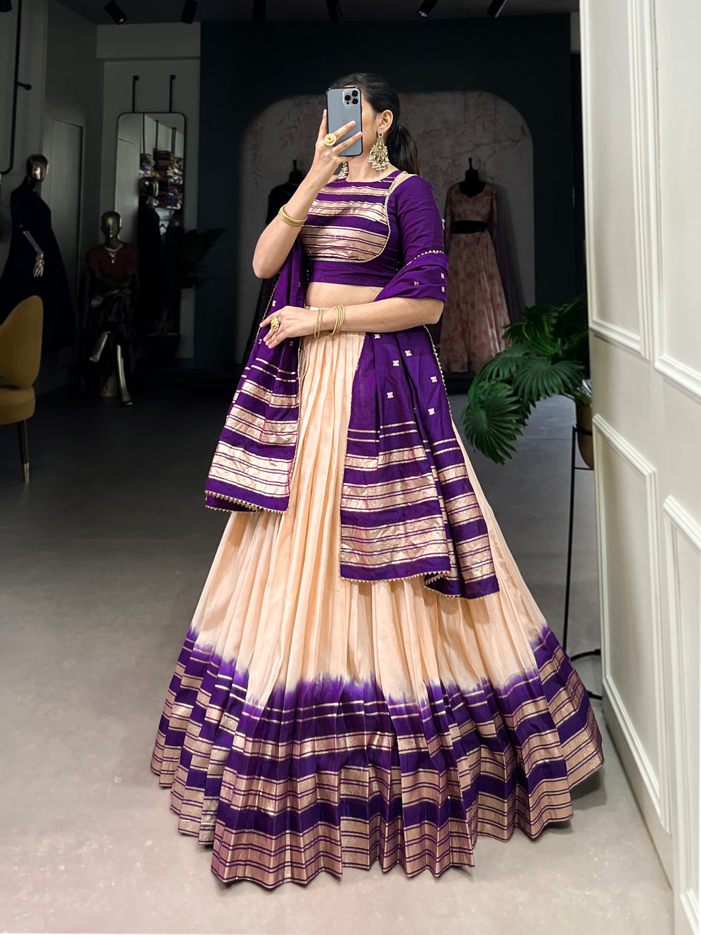 Lorenvalley Off White Pure Chanderi Plain With Zari Weaving Work Border Lehenga Choli | Grocsy