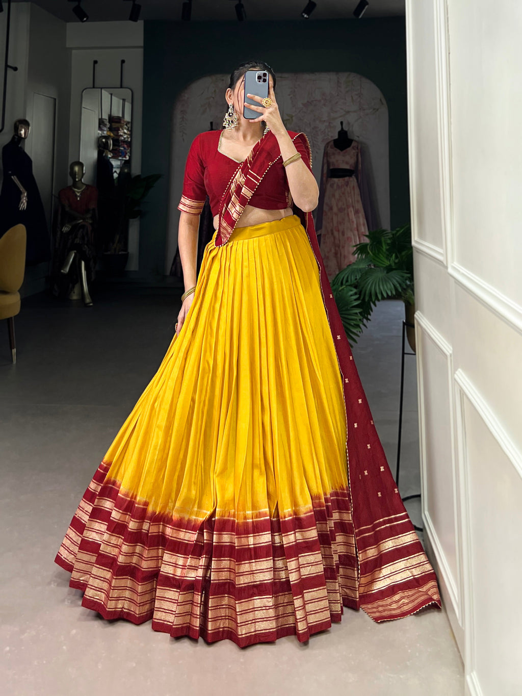 Lorenvalley Yellow Pure Chanderi Plain With Zari Weaving Work Border Lehenga Choli | Grocsy