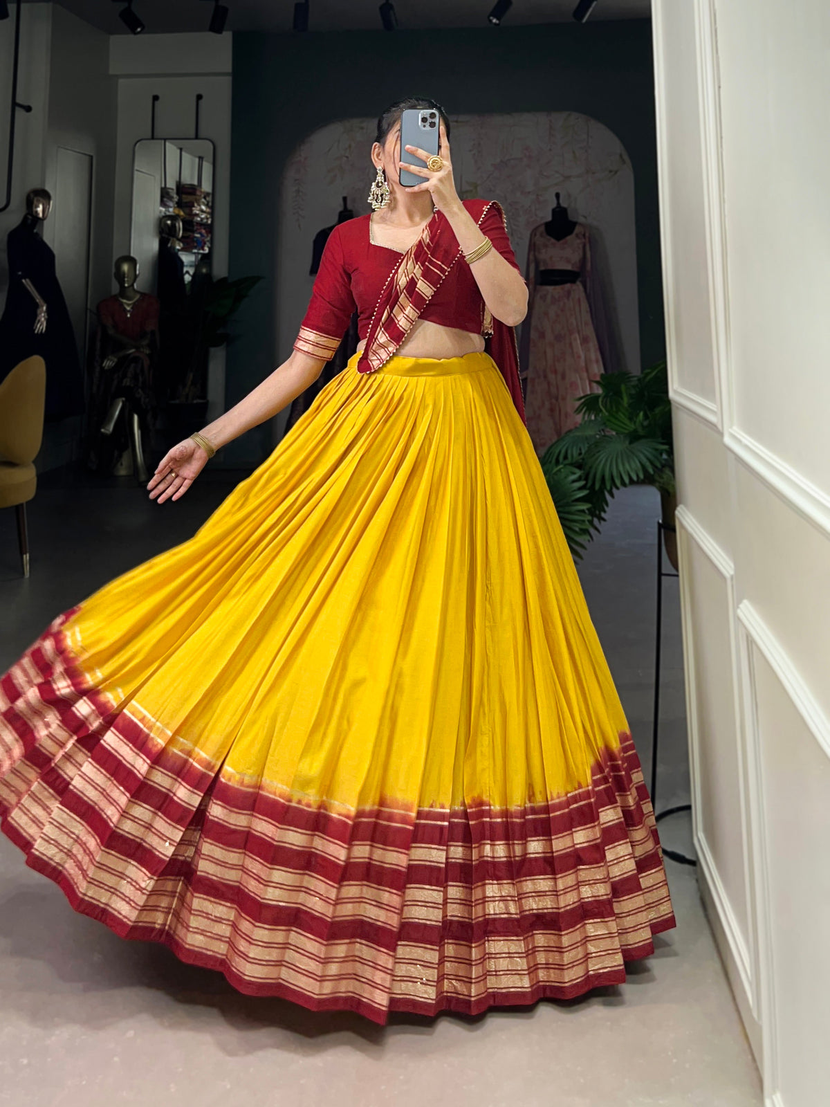 Lorenvalley Yellow Pure Chanderi Plain With Zari Weaving Work Border Lehenga Choli | Grocsy