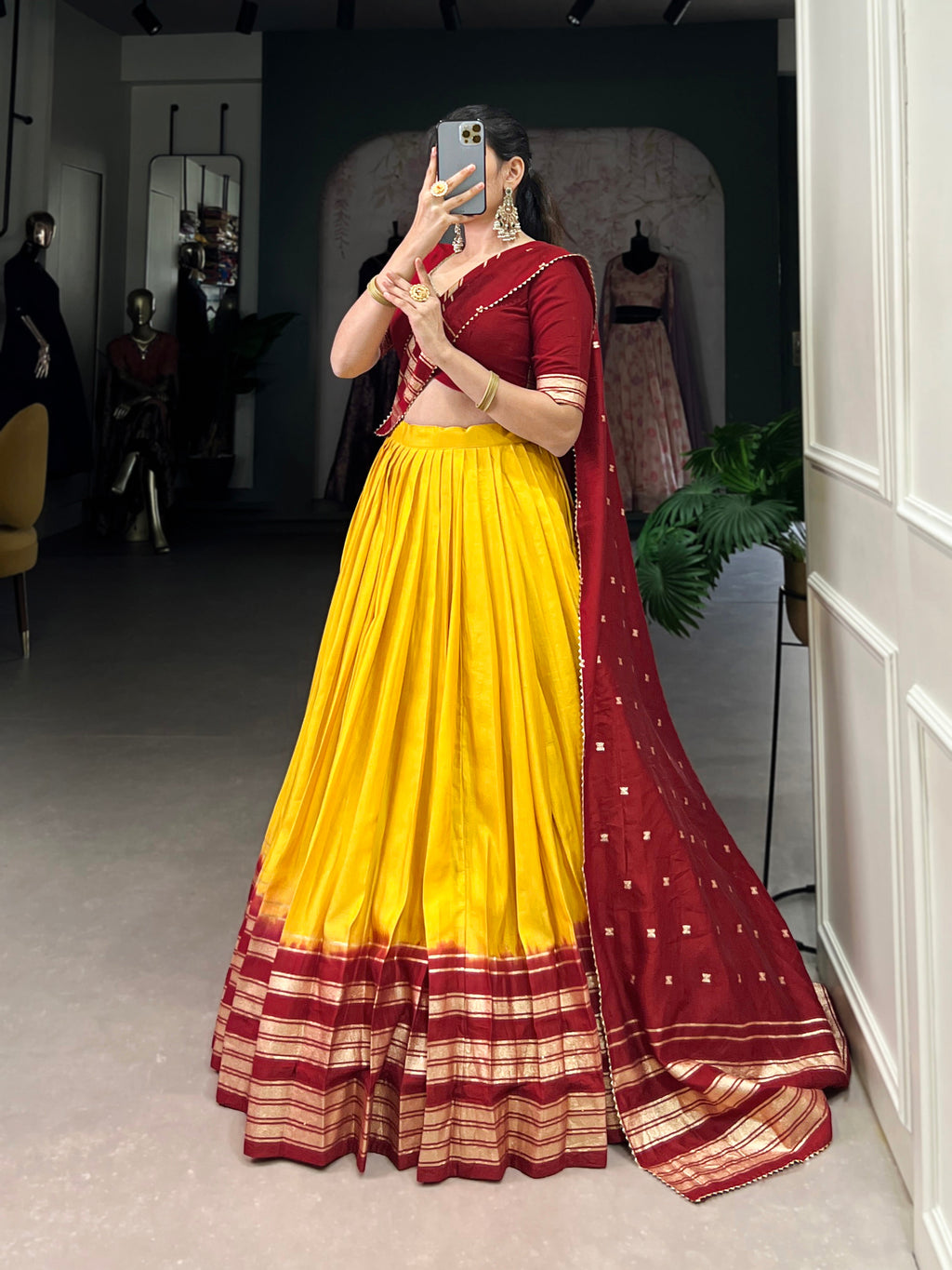 Lorenvalley Yellow Pure Chanderi Plain With Zari Weaving Work Border Lehenga Choli | Grocsy