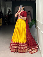 Lorenvalley Yellow Pure Chanderi Plain With Zari Weaving Work Border Lehenga Choli | Grocsy