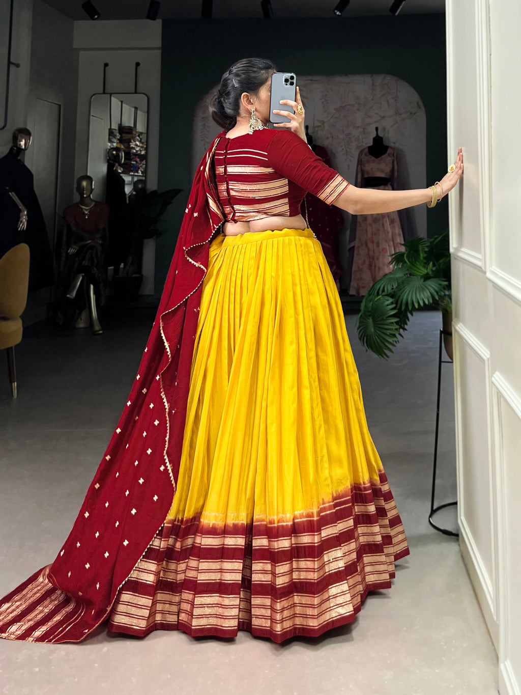 Lorenvalley Yellow Pure Chanderi Plain With Zari Weaving Work Border Lehenga Choli | Grocsy