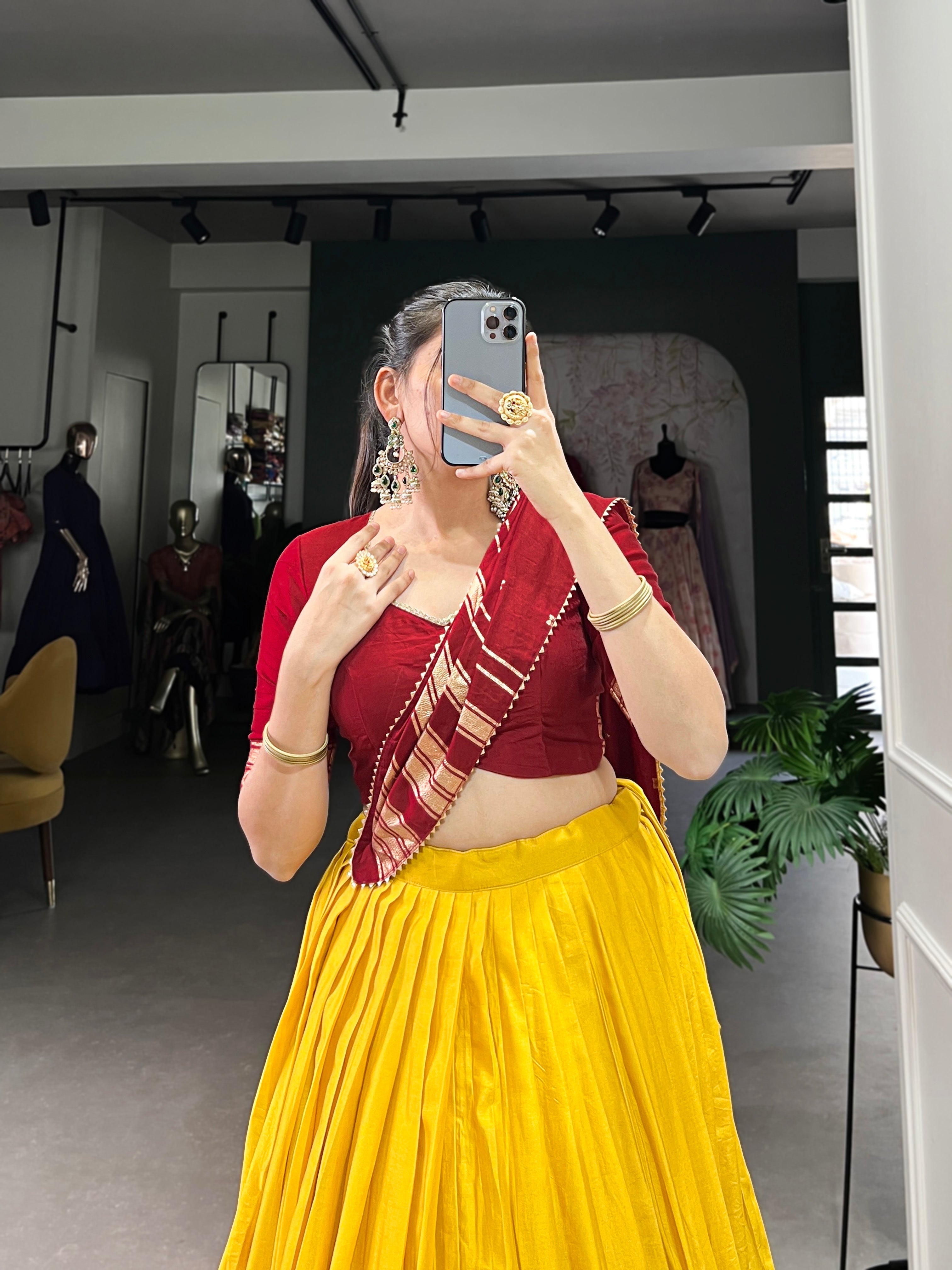 Lorenvalley Yellow Pure Chanderi Plain With Zari Weaving Work Border Lehenga Choli | Grocsy