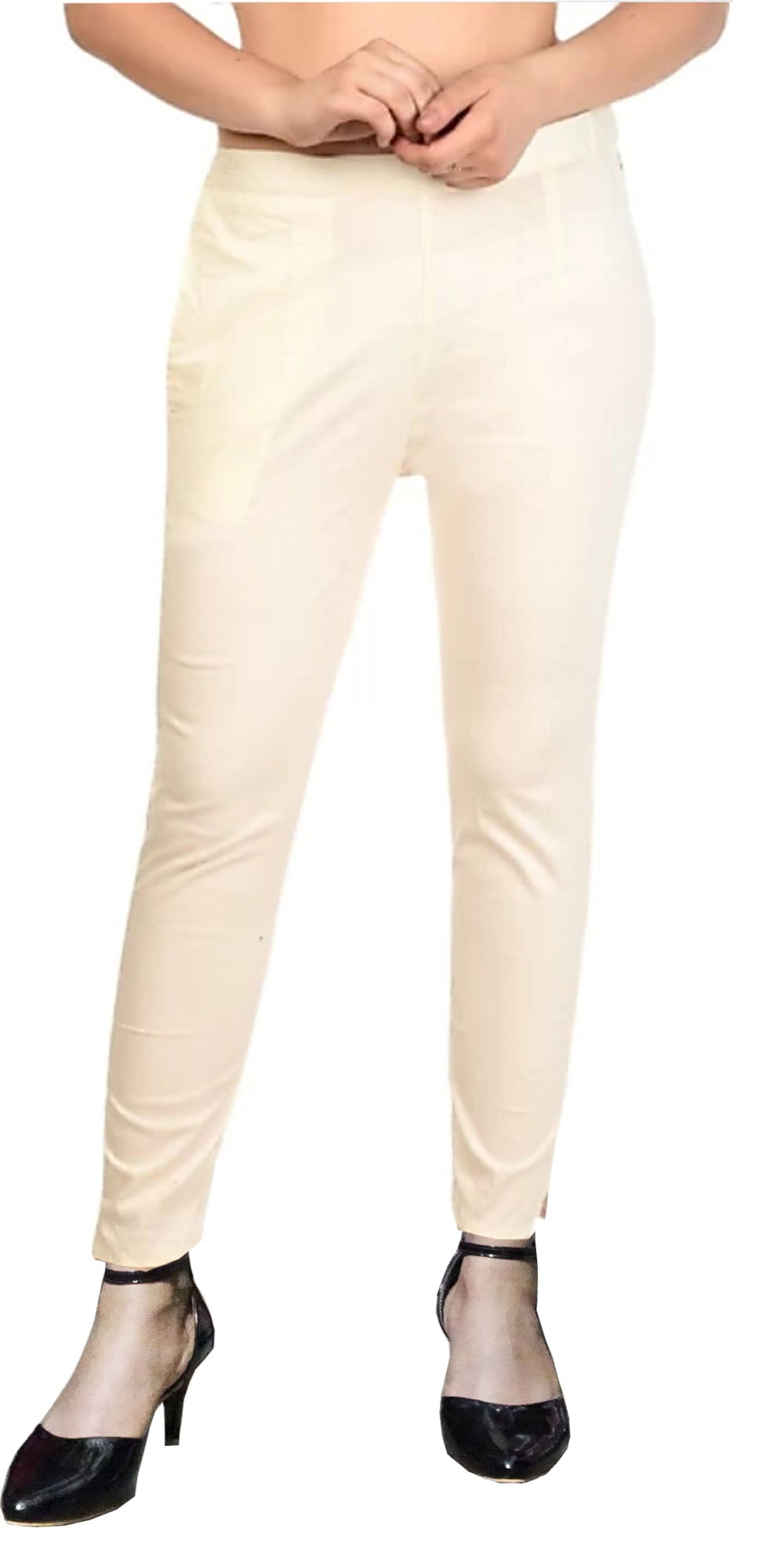 PAVONINE Off White Color Stretchable Cotton Lycra Fabric Pencil Pant For Women | Grocsy