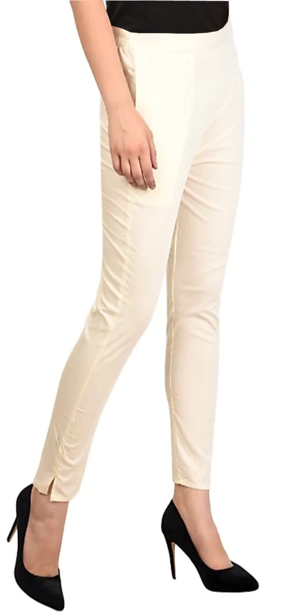 PAVONINE Off White Color Stretchable Cotton Lycra Fabric Pencil Pant For Women | Grocsy