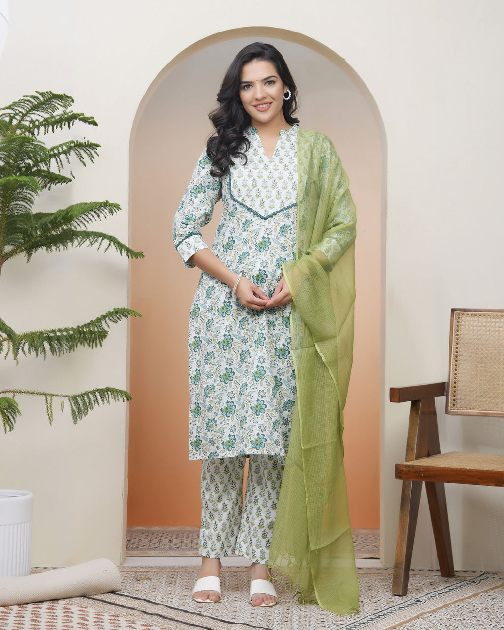 Vaasva Women White Cotton Kurta With Cotton Pant & Dupatta | Grocsy
