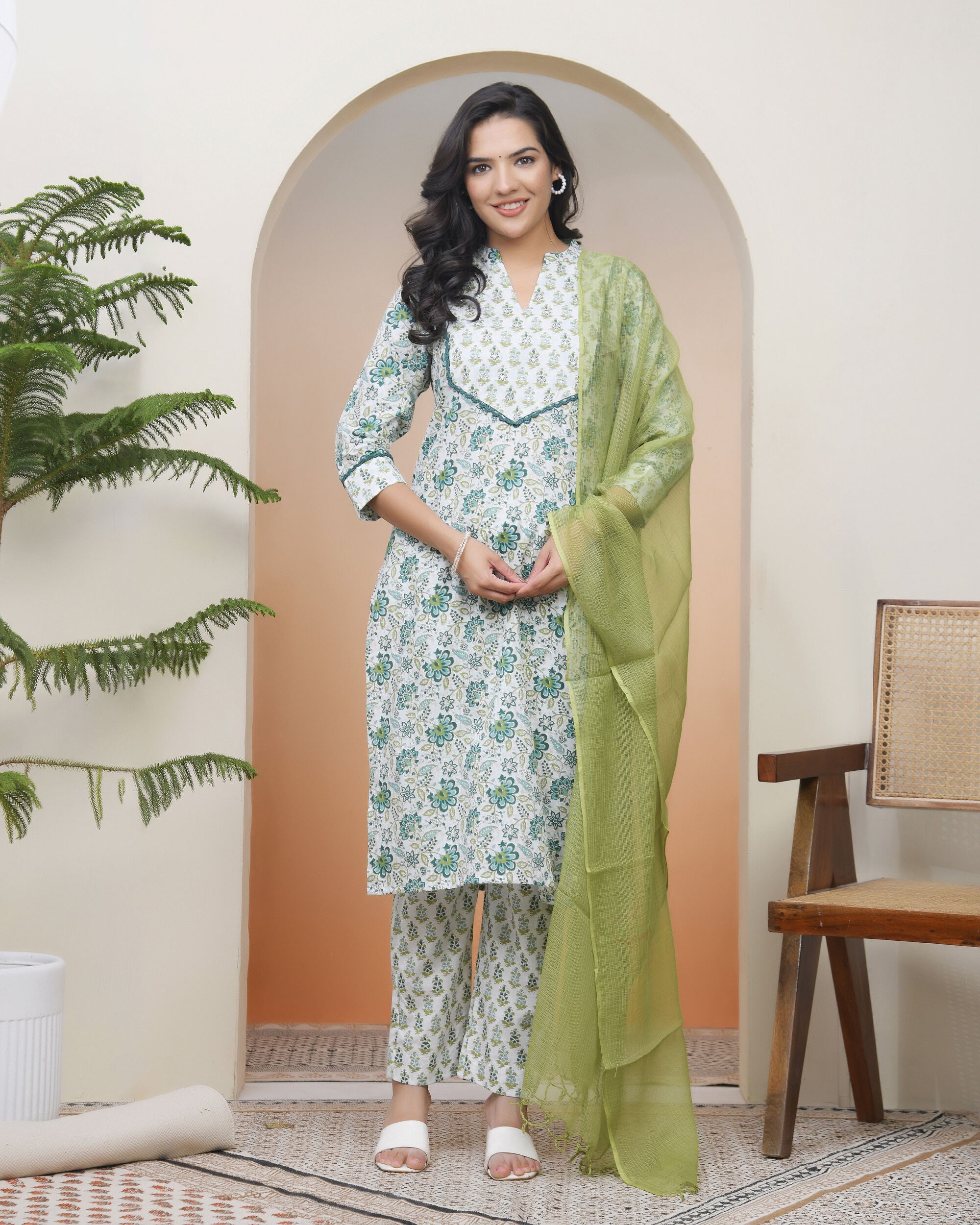 Vaasva Women White Cotton Kurta With Cotton Pant & Dupatta | Grocsy