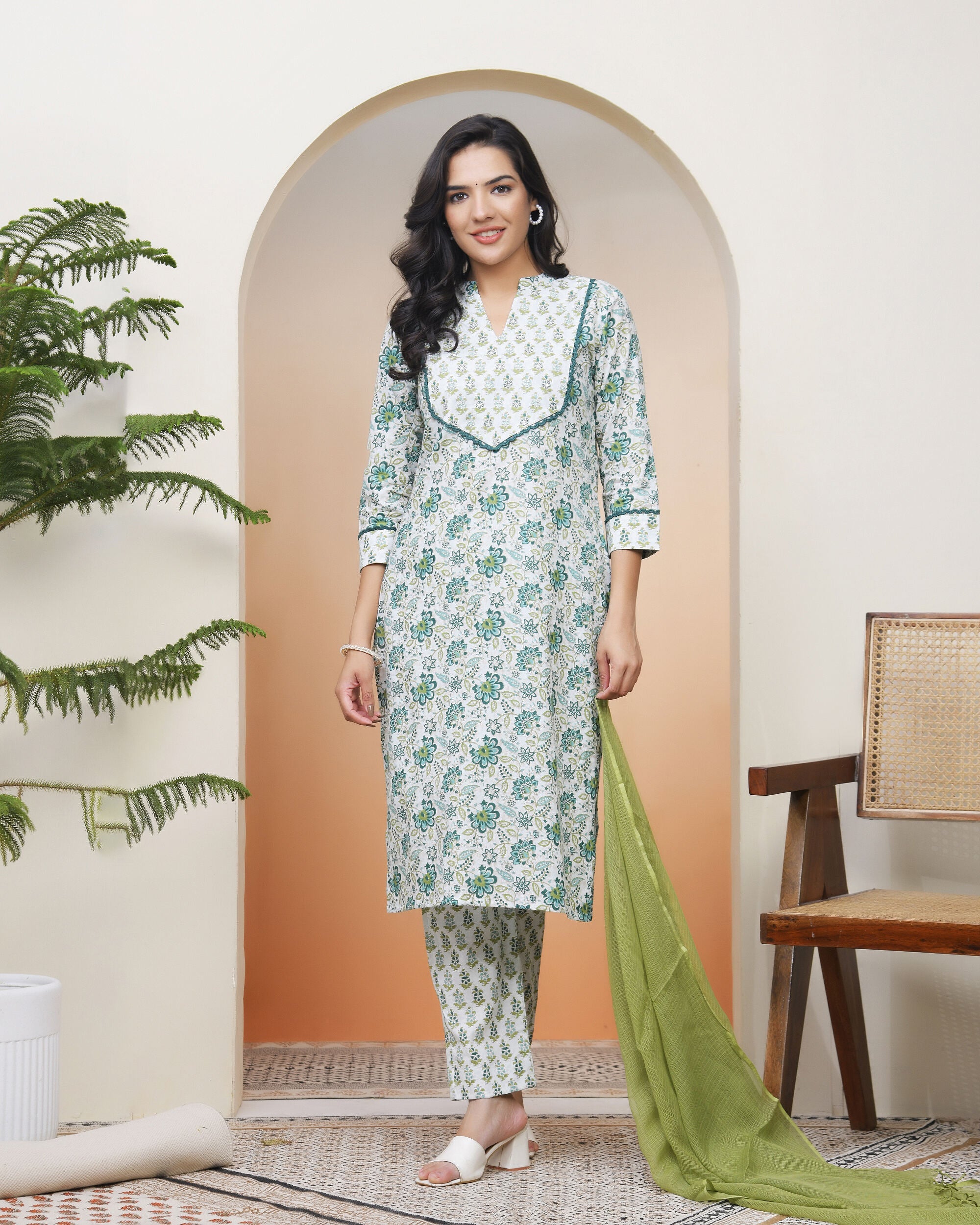 Vaasva Women White Cotton Kurta With Cotton Pant & Dupatta | Grocsy