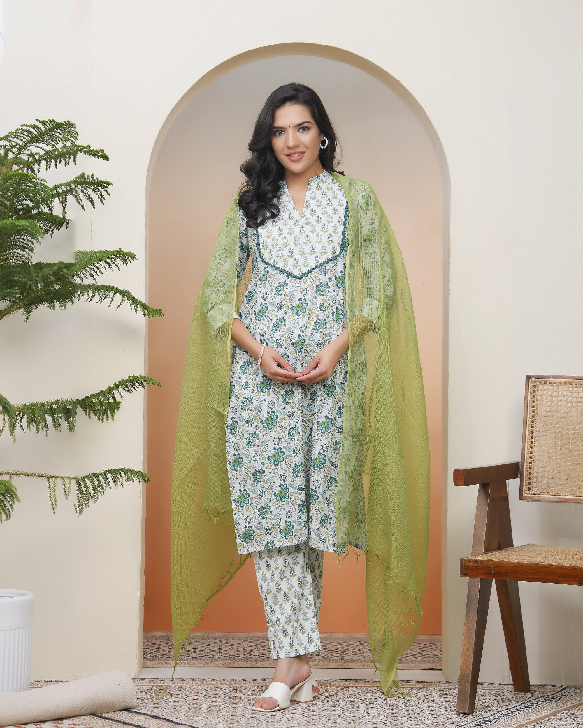 Vaasva Women White Cotton Kurta With Cotton Pant & Dupatta | Grocsy