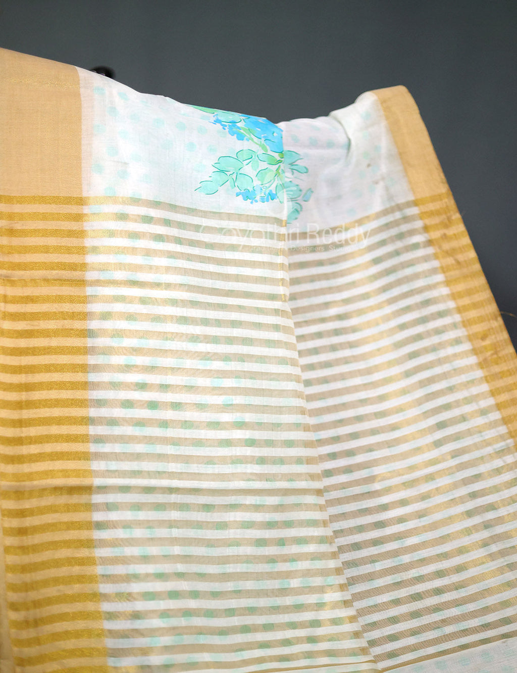 Shades of Milk White And Sky Blue Colour Floral Design Chanderi Printed Saree By Gayathri Reddy Designer Studio | Grocsy