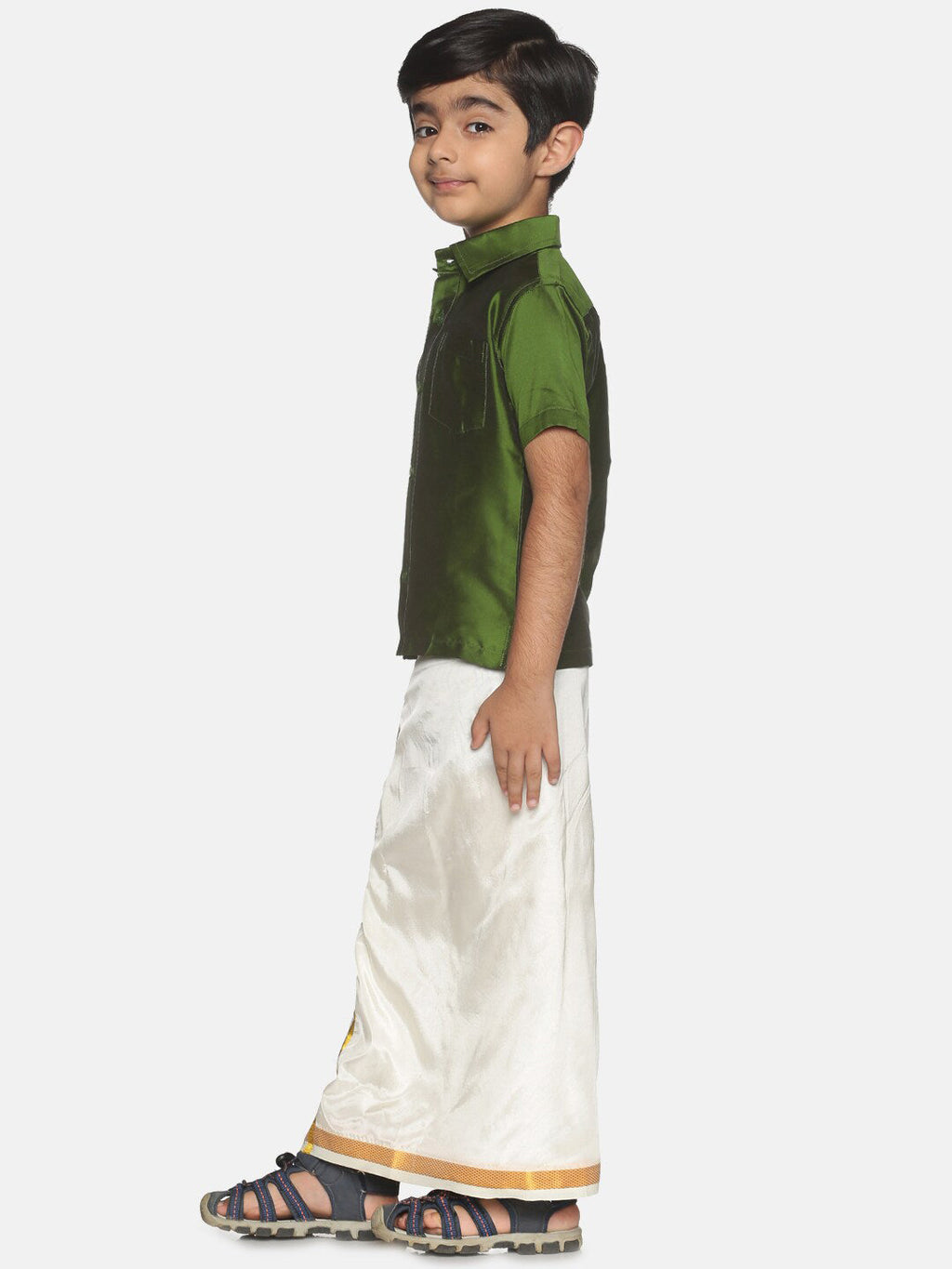 Sethukrishna Boys Green Shirt & Cream-Coloured & Zari Border Veshti Set | Grocsy