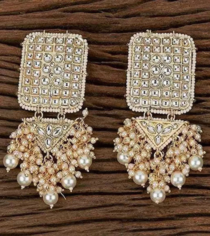 Tehzeeb Creations White Gold Trending Style Drop & Danglers Earring With Tikka For Girls & Women Diamond, Pearl Brass Drops | Grocsy
