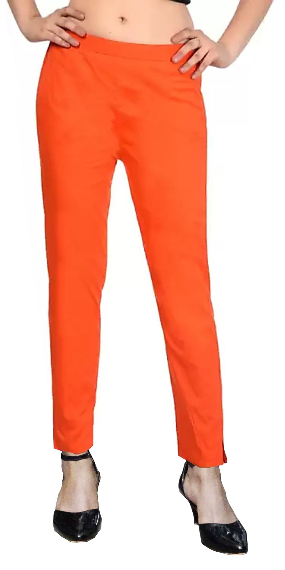 PAVONINE Orange Color Stretchable Cotton Lycra Fabric Pencil Pant For Women | Grocsy