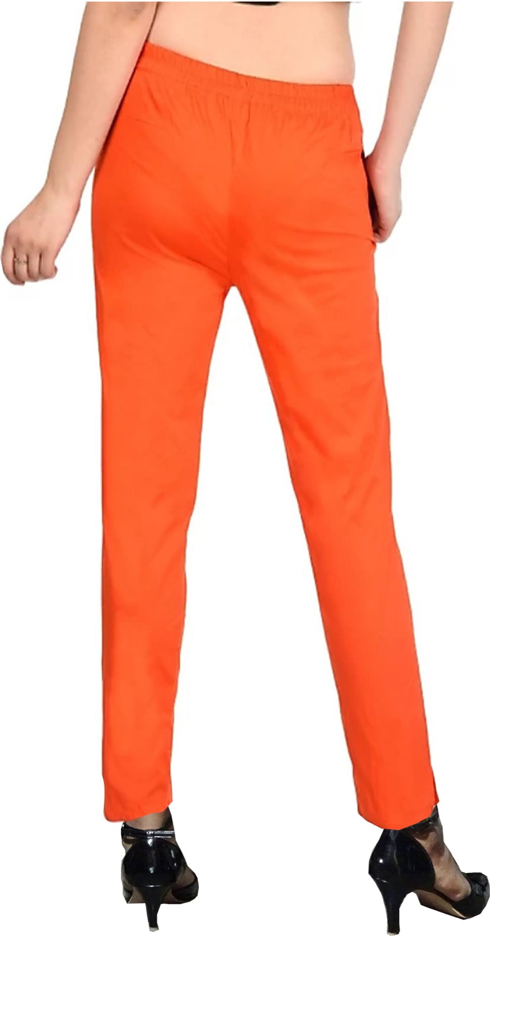 PAVONINE Orange Color Stretchable Cotton Lycra Fabric Pencil Pant For Women | Grocsy