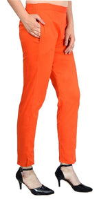 PAVONINE Orange Color Stretchable Cotton Lycra Fabric Pencil Pant For Women | Grocsy