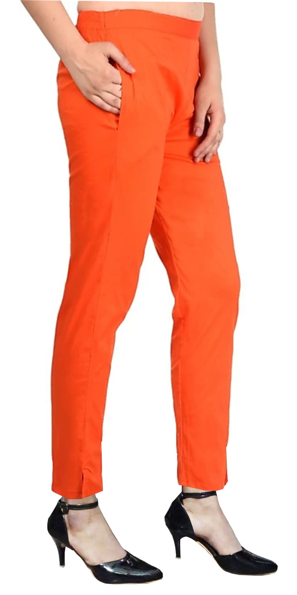 PAVONINE Orange Color Stretchable Cotton Lycra Fabric Pencil Pant For Women | Grocsy